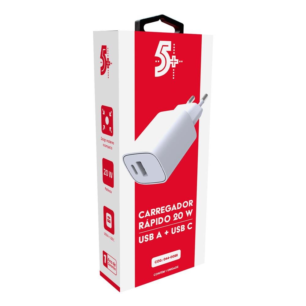 Carregador De Parede Rápido - Duplo 20W - USB A + C - Branco