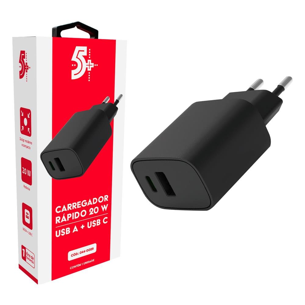 Carregador De Parede Rapido - Duplo 20w - USB A + C - Preto