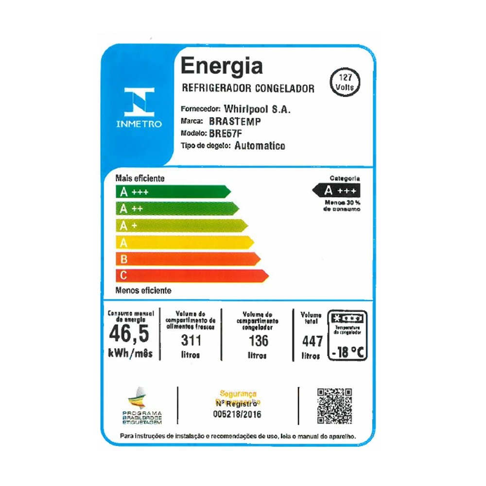 Geladeira/Refrigerador 2 Portas 447 Litros Brastemp BRE57 - Frost Free, Branco, 110V