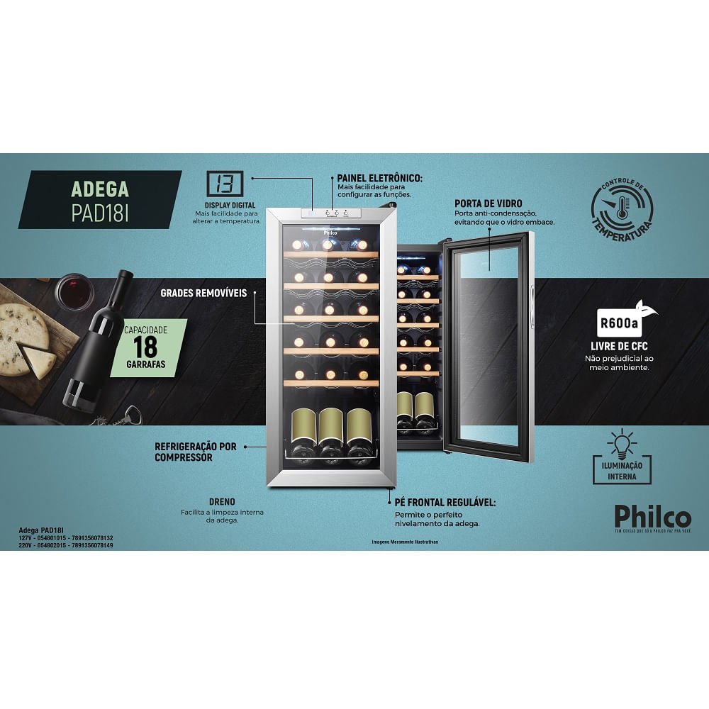 Adega Climatizada Philco 18 Garrafas com Controle de Temperatura Inox PAD18I - 220 Volts