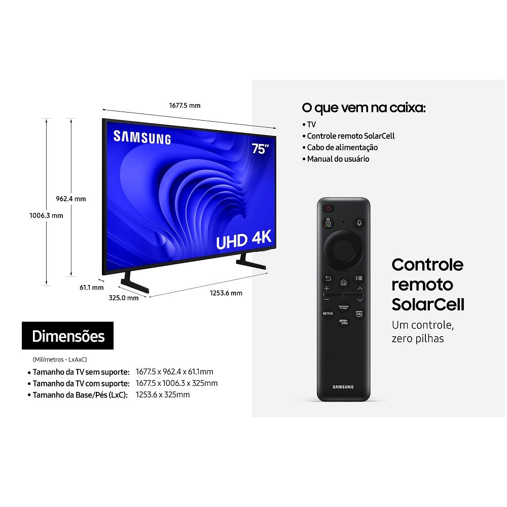 Smart TV Samsung 75" Crystal UHD 4K UN75DU7700 Gaming Hub, AI Energy Mode, Controle SolarCell, Alexa built in