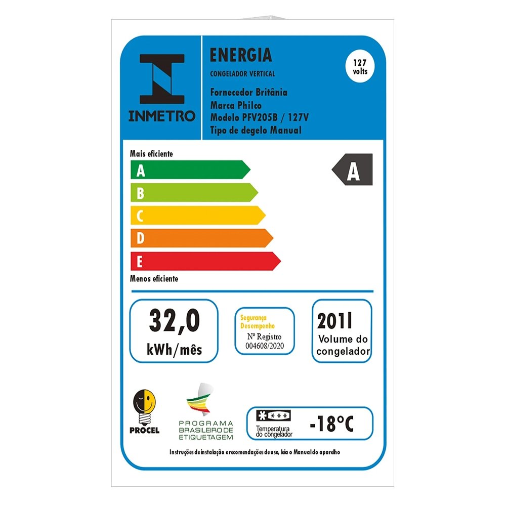 Freezer Vertical Philco 201 Litros PFV205B - A+, Branco, 110V