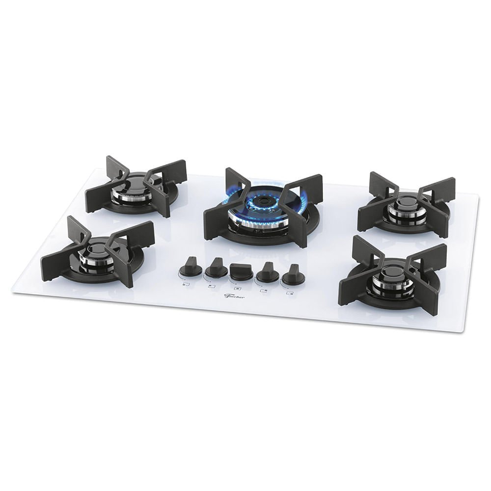 Cooktop a Gás Fischer 5 Bocas Tripla Chama Infinity Mesa Vidro Branco Puro ¿ Bivolt