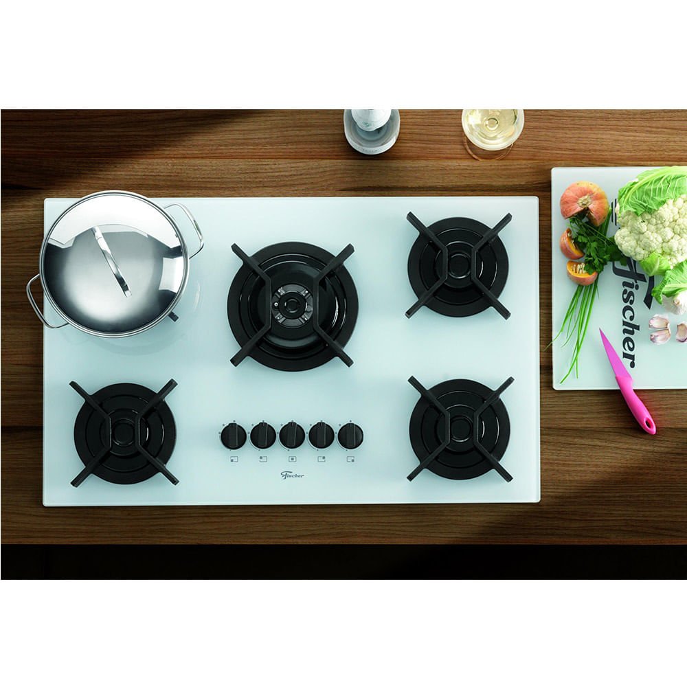 Cooktop a Gás Fischer 5 Bocas Tripla Chama Infinity Mesa Vidro Branco Puro ¿ Bivolt