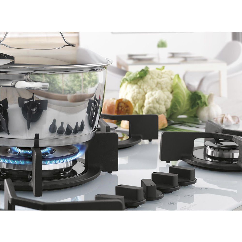 Cooktop a Gás Fischer 5 Bocas Tripla Chama Infinity Mesa Vidro Branco Puro ¿ Bivolt