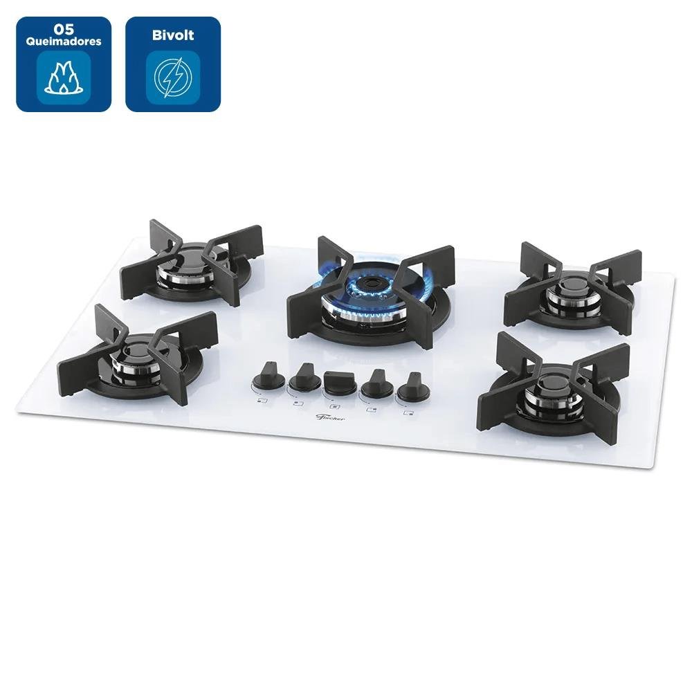 Cooktop a Gás Fischer 5 Bocas Tripla Chama Infinity Mesa Vidro Branco Puro ¿ Bivolt