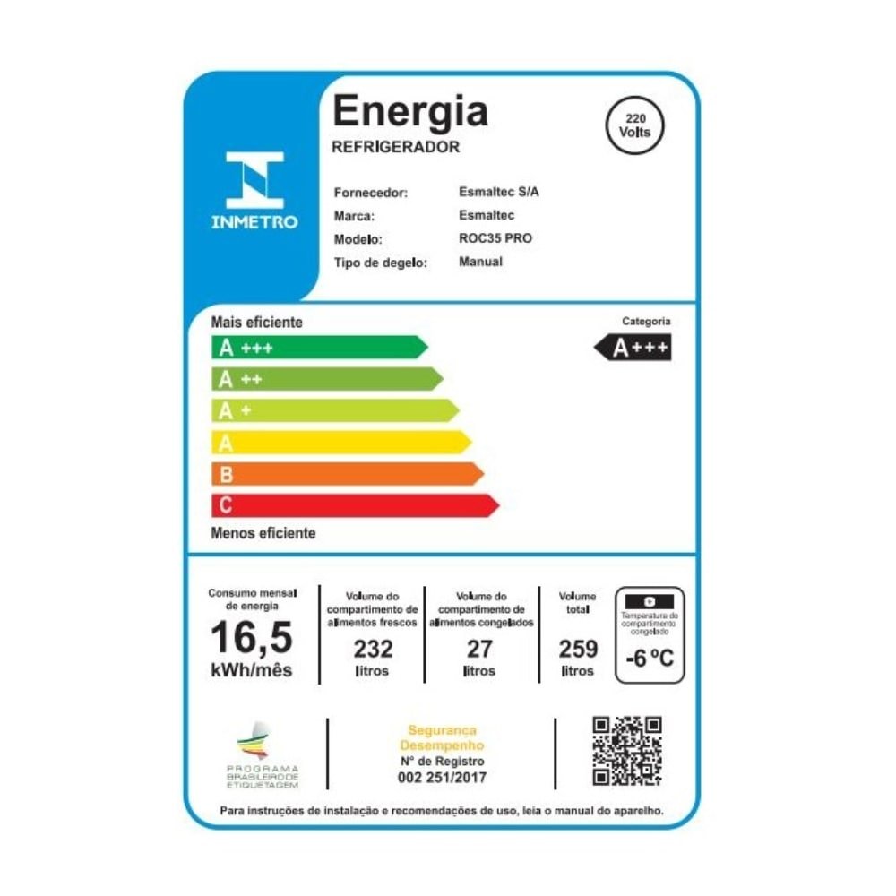 Geladeira/Refrigerador Esmaltec 259 Litros ROC35 - Pro, Black, Cycle Defrost, 220V