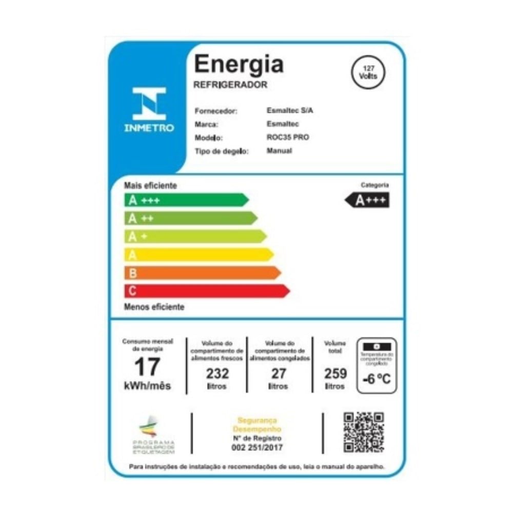 Geladeira/Refrigerador Esmaltec 259 Litros ROC35 - Pro, Branco, Cycle Defrost, 110V