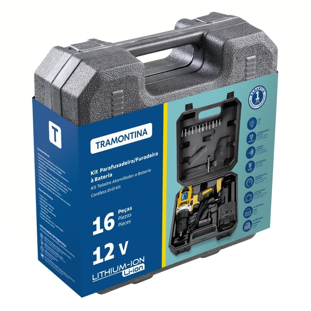 Furadeira/Parafusadeira Tramontina Bateria Com Maleta 16 Peças 12V
