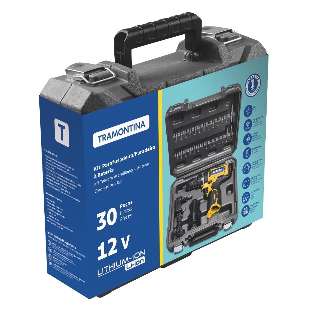 Furadeira/Parafusadeira Tramontina Bateria Com Maleta 30 Peças 12V