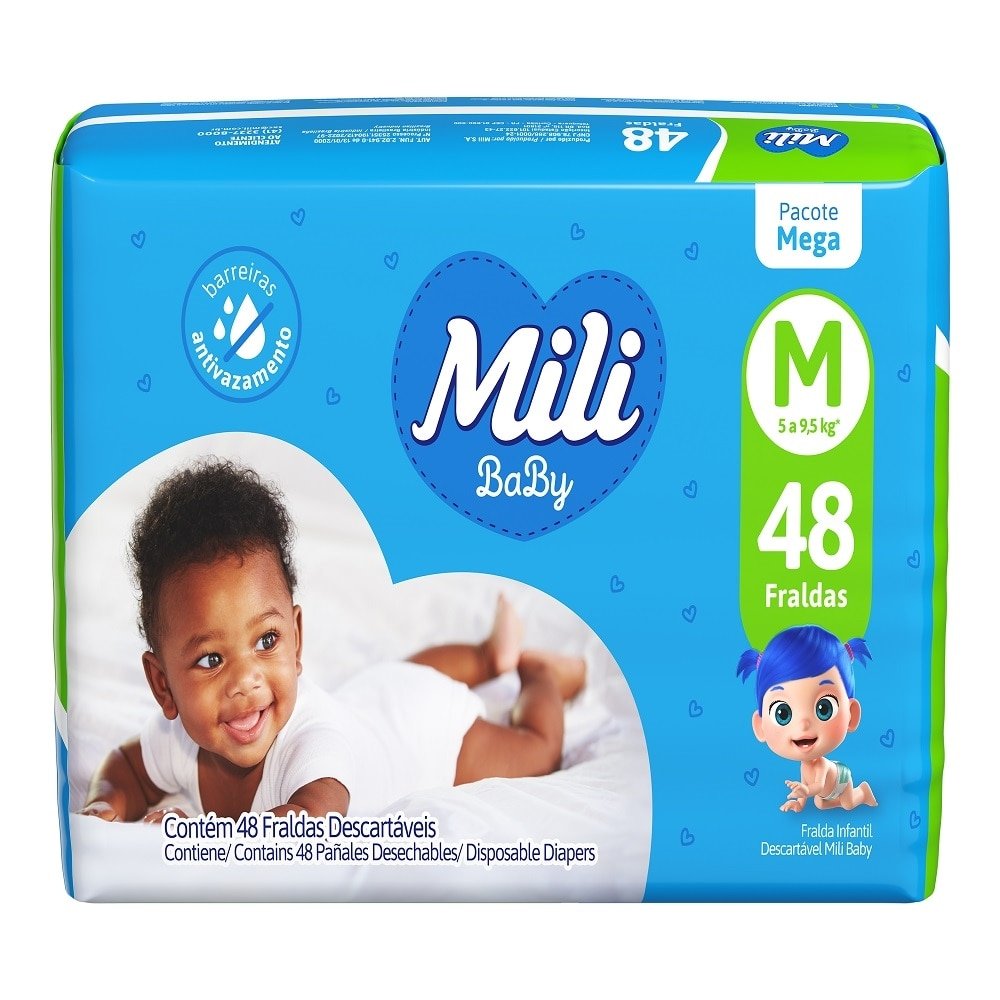 Fralda Descartavel Mili Baby Mega Tamanho M - 6 Pacotes com 48 Fraldas