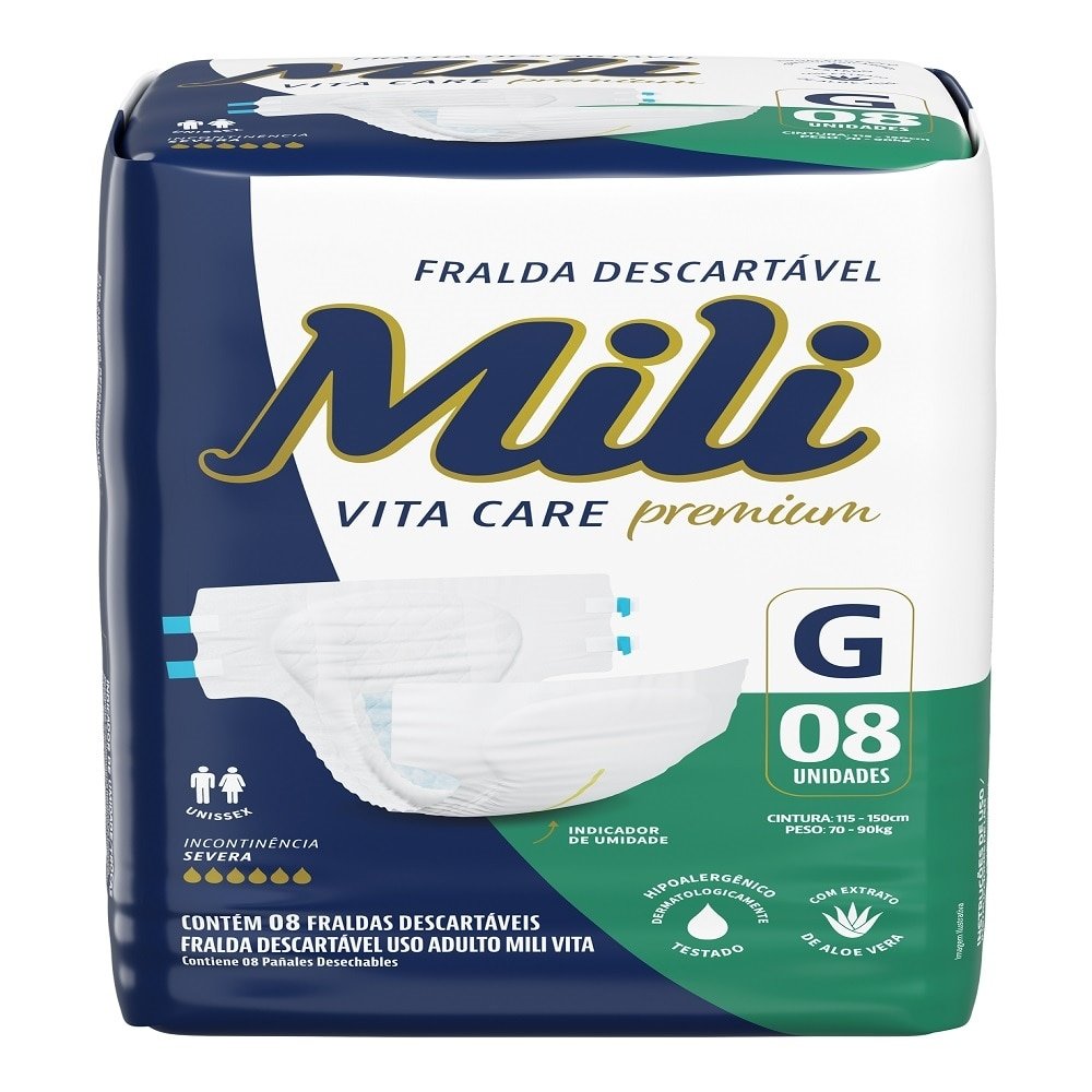 Fralda Descartavel Adulto Mili Vita Care Grande - 8 Pacotes com 8 Fraldas