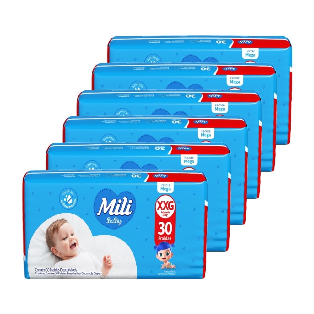 Fralda Descartavel Mili Baby Mega Tamanho XXG - 6 Pacotes com 30 Fraldas