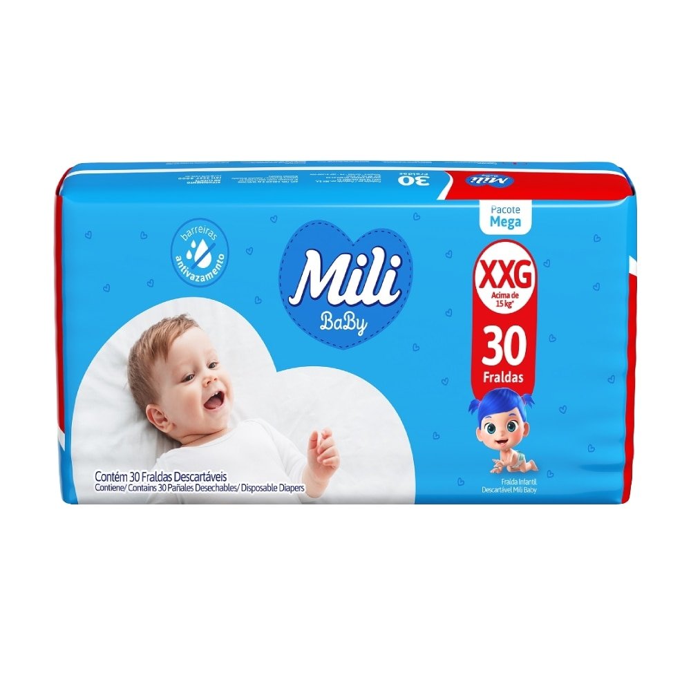 Fralda Descartavel Mili Baby Mega Tamanho XXG - 6 Pacotes com 30 Fraldas