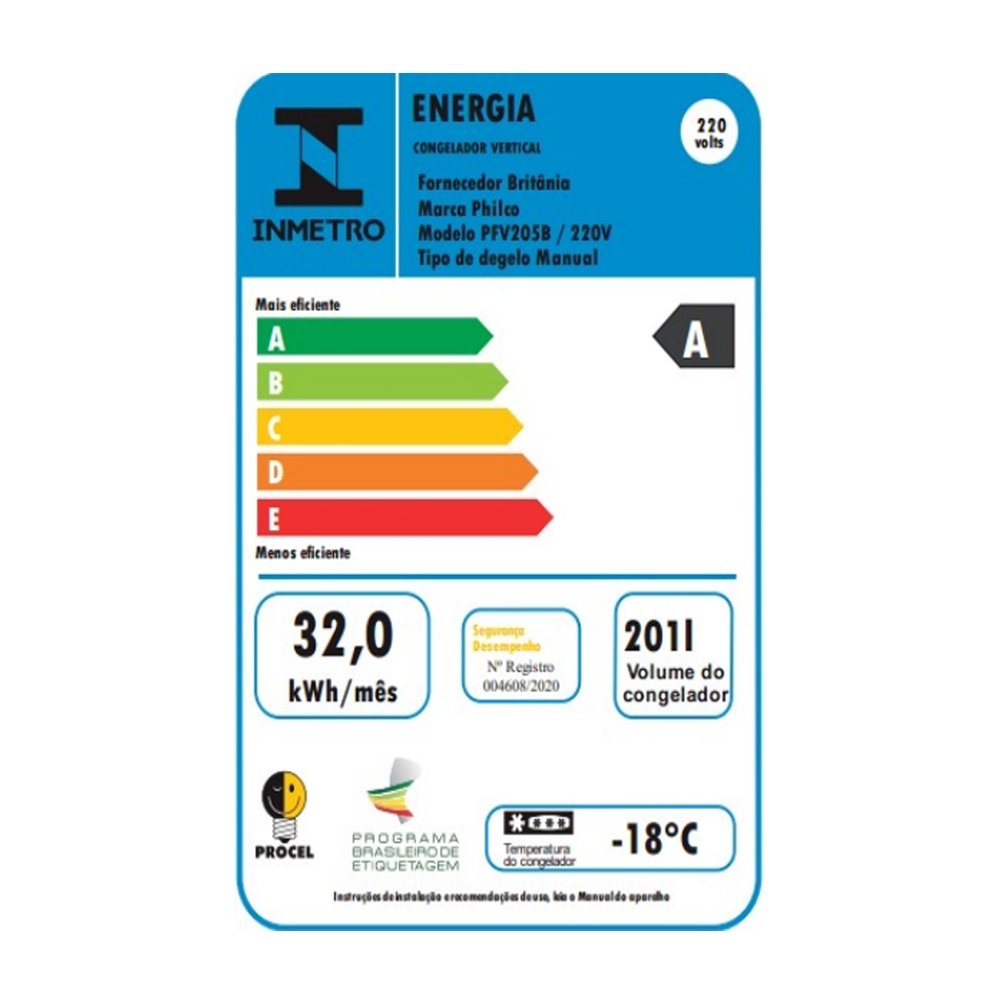 Freezer Vertical Philco 201 Litros PFV205B - A+, Branco, 220V