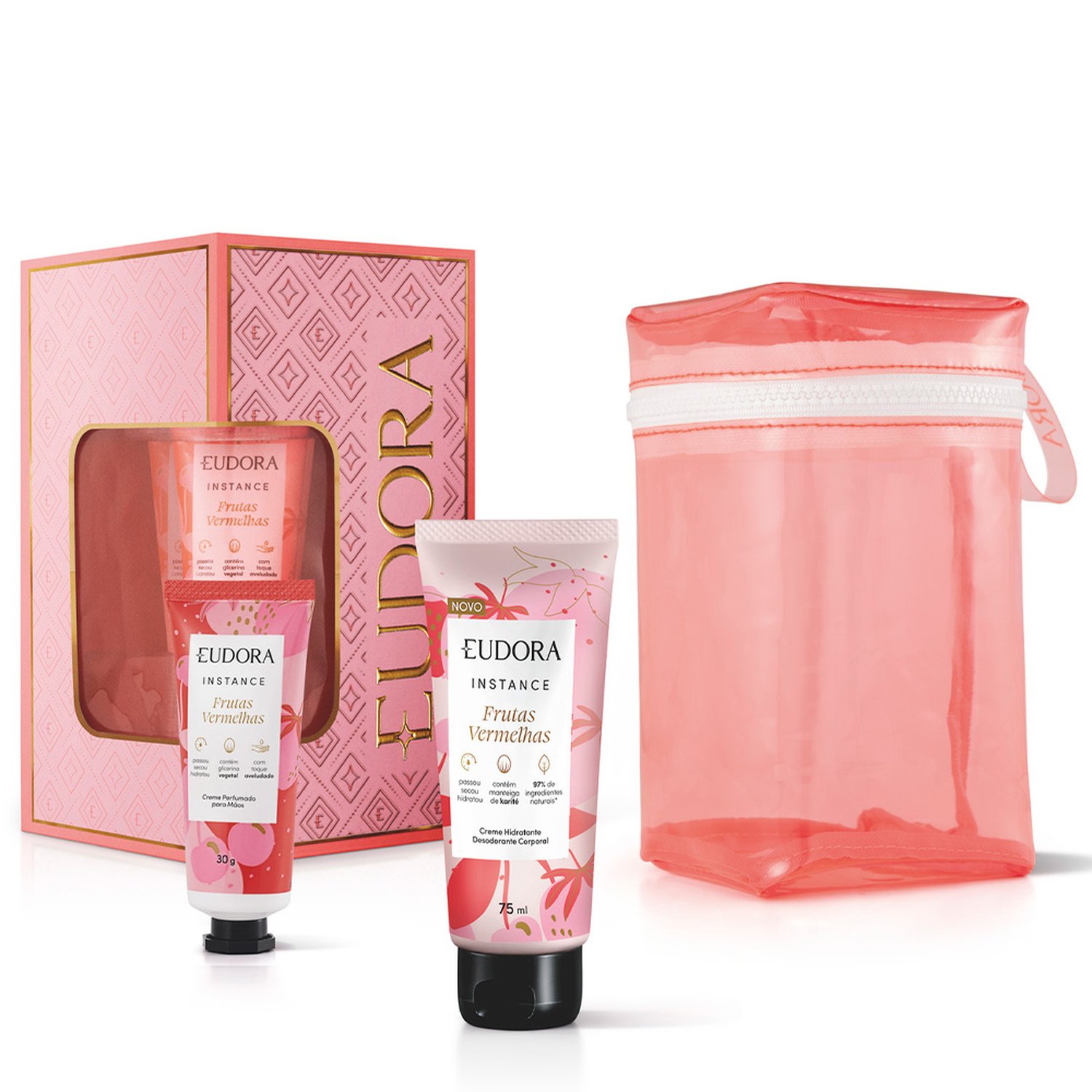 Kit Instance Creme Para Mao 30g+creme 75ml+necessaire Frutas Vermelhas