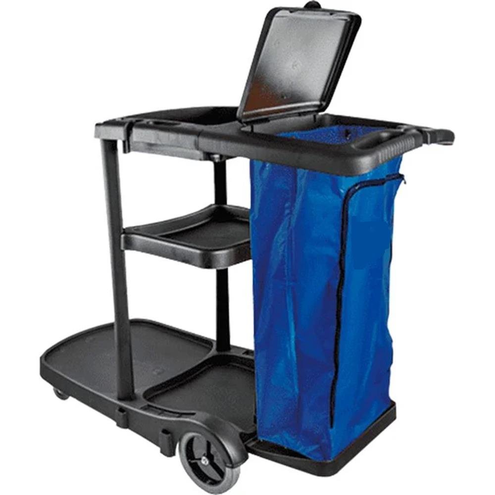 Carro Funcional Preto Alta Capacidade 90L Com Tampa E Bolsa De Vinil Azul Nobre