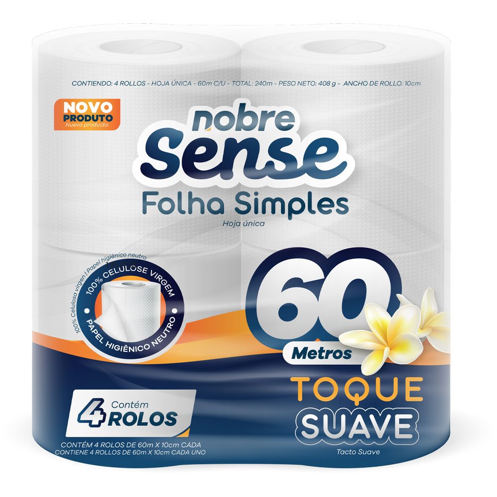 Papel Higienico 10CM x 60M Com 4 Rolos Celulose Virgem Folha Simples Nobre