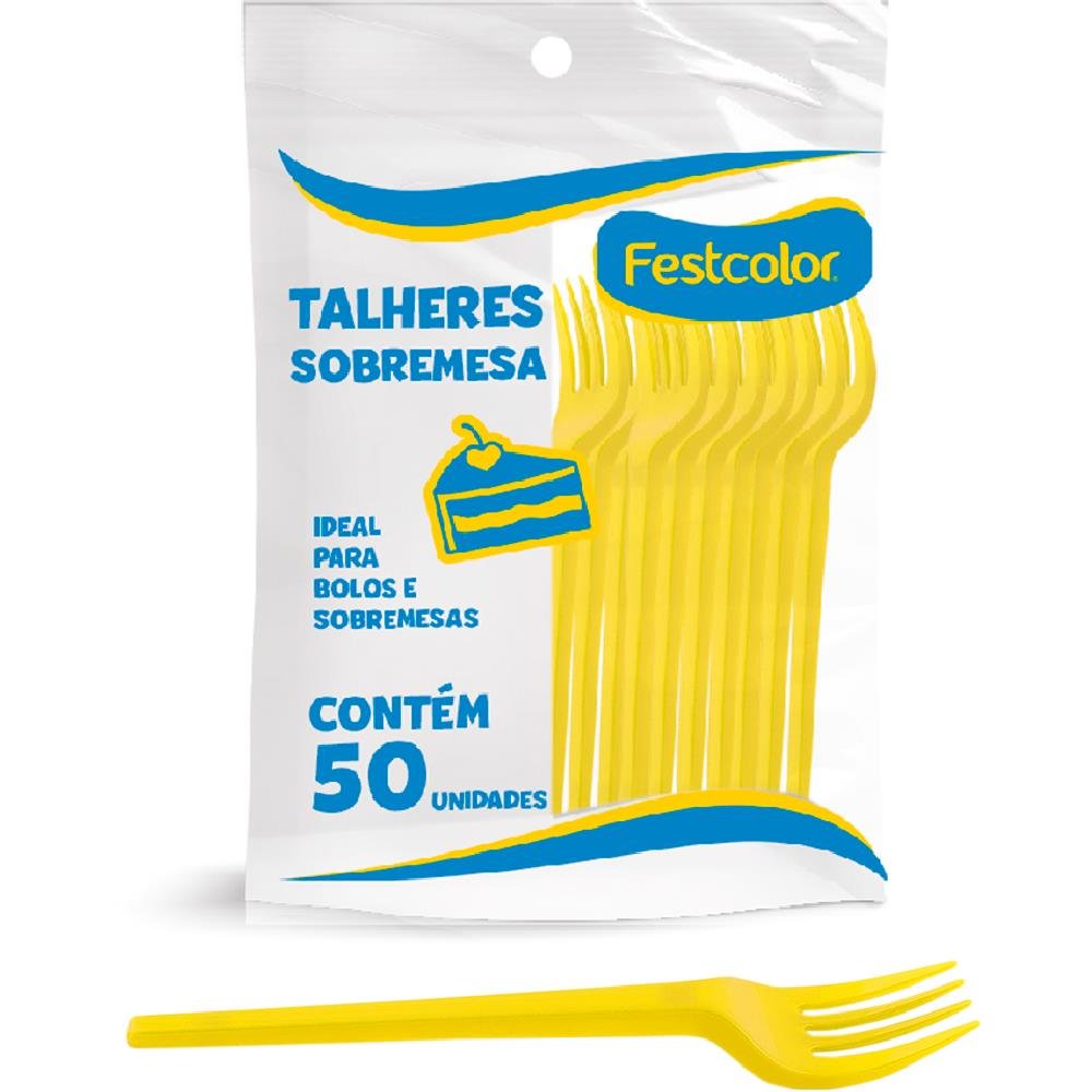 Garfo Plastico De Sobremesa Amarelo - Embalagem com 50 unidades.
