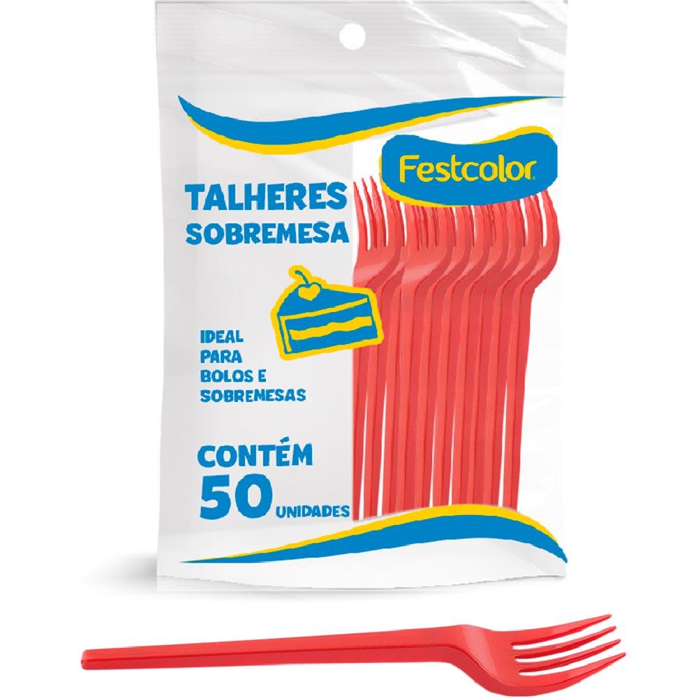 Garfo Plastico De Sobremesa Vermelho - Embalagem com 50 unidades.
