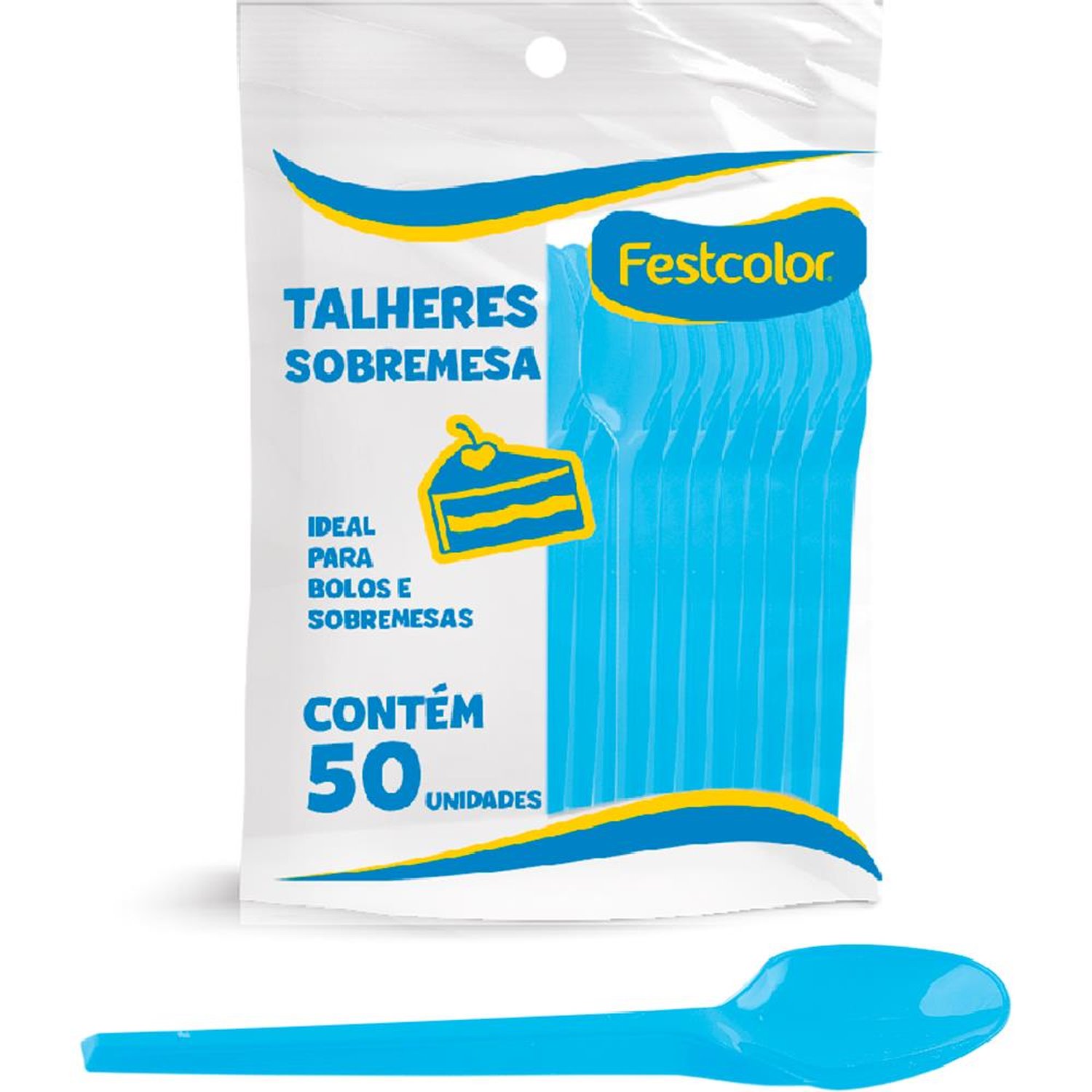 Colher Plastica De Sobremesa Azul Clara - Embalagem com 50 unidades.