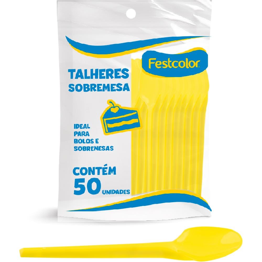 Colher Plastica De Sobremesa Amarela - Embalagem com 50 unidades.
