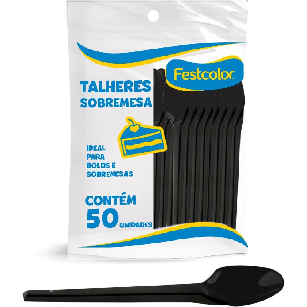 Colher Plastica De Sobremesa Preta - Embalagem com 50 unidades.