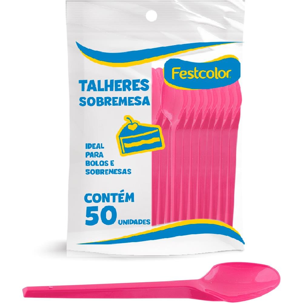 Colher Plastica De Sobremesa Rosa Escura - Embalagem com 50 unidades.