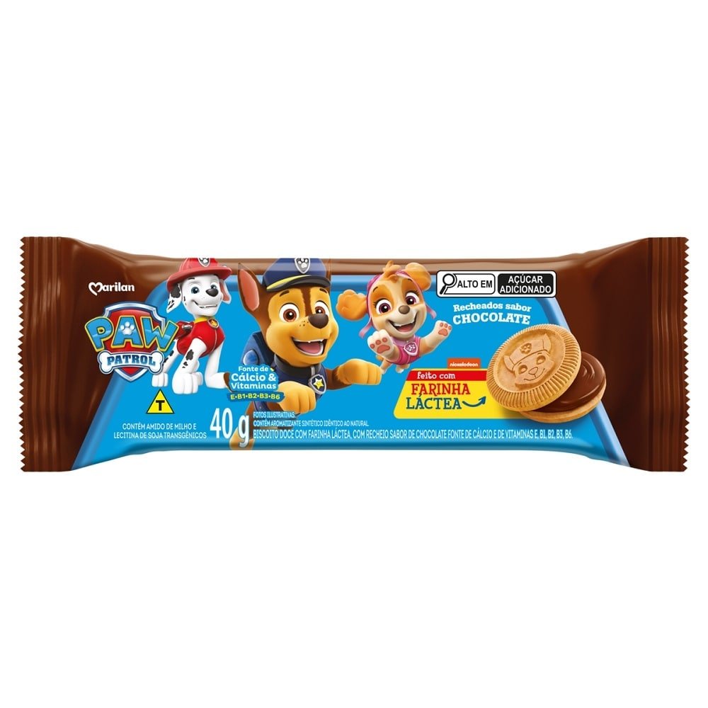 Biscoito Marilan Recheado Chocolate Patrulha Canina 40g - Embalagem com 54 Unidades