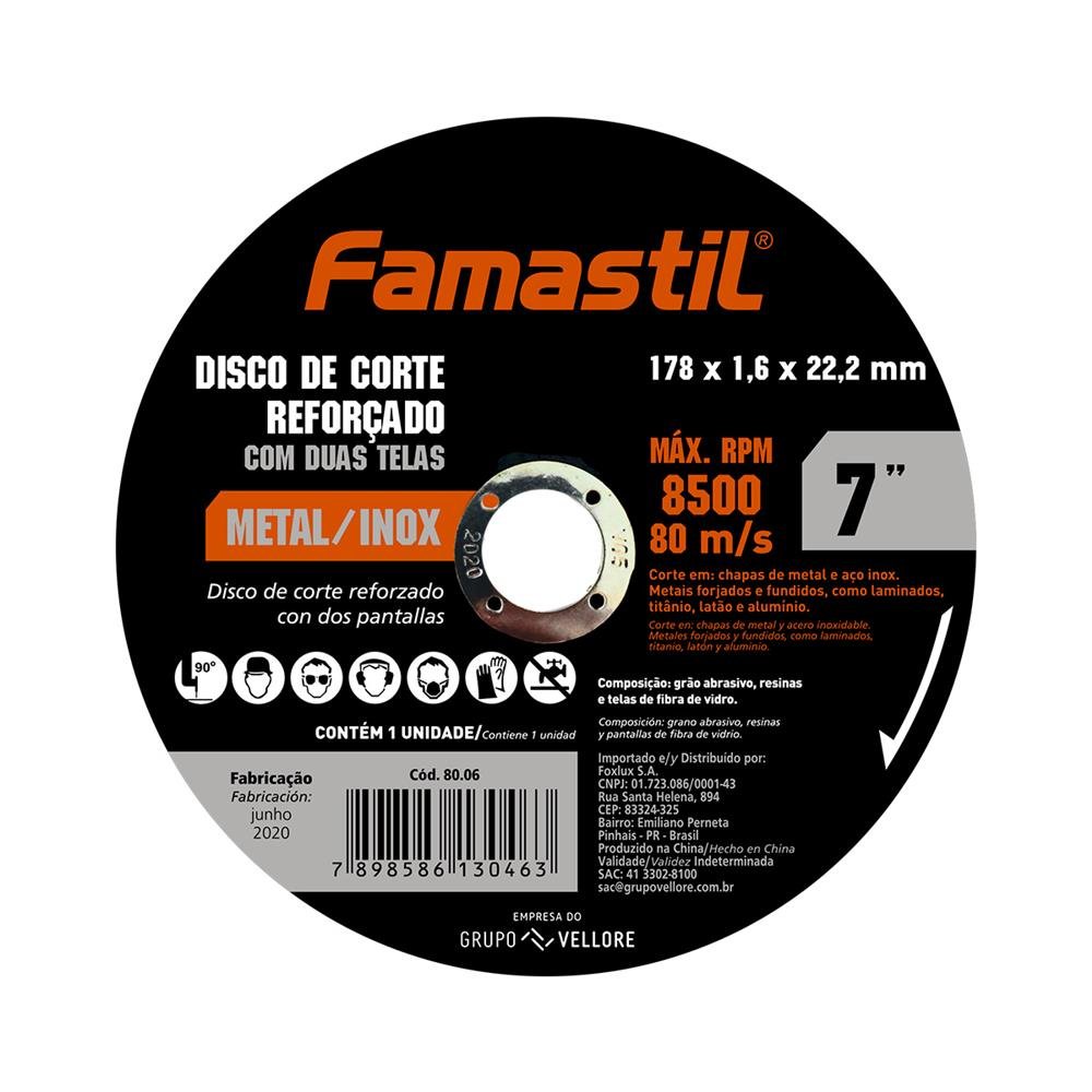 Disco de Corte Reforcado Famastil ¿ 178mm (7") x 1,6mm x 22,2mm ¿ Corte ¿ Metal e Aco Inox