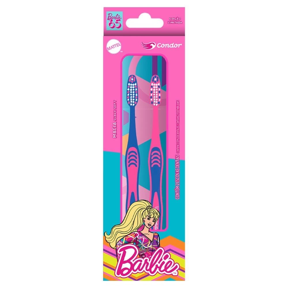 Escova Dental Condor Barbie Décadas Macia 8590 - Embalagem com 2 Unidades