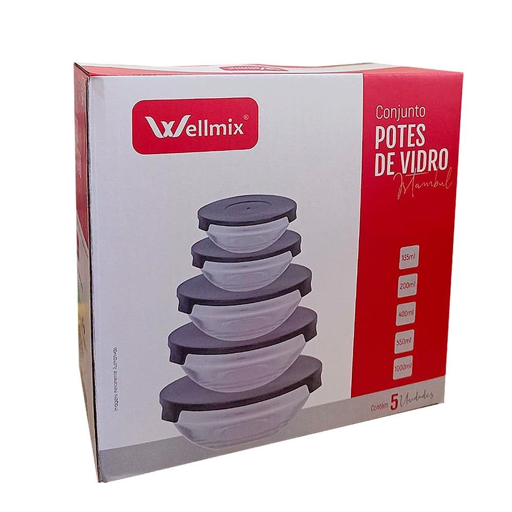 Conjunto De 5 Pote De Vidros Wellmix Istambul Com Tampa Preta Ref Wg12614