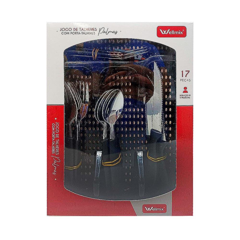Faqueiro Inox E Plastico Com Porta Talher Wellmix Preto Com 17 Pecas Ref Wx13295