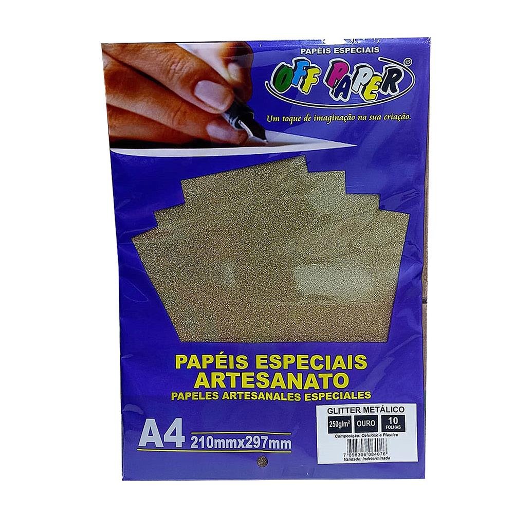 Papel Glitter Metalico Off Paper Ouro A4 250G 10 Folhas
