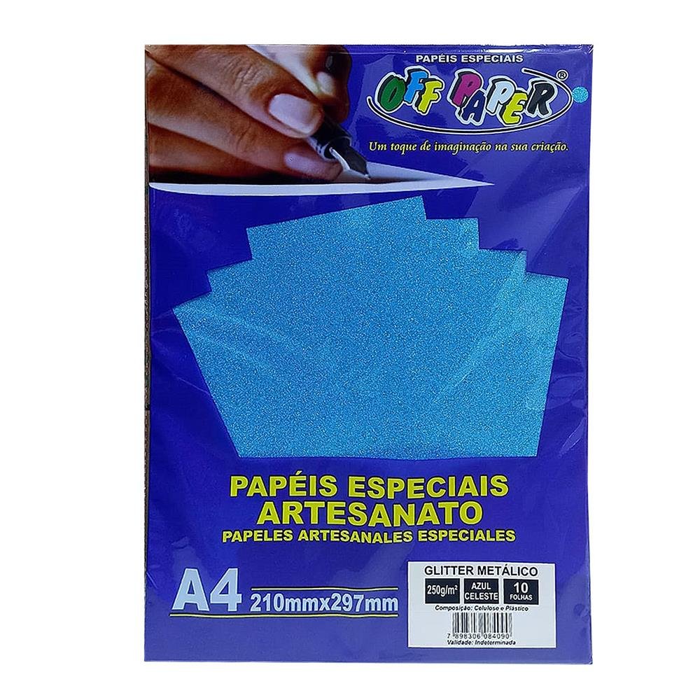 Papel Glitter Metalico Off Paper Azul Celeste A4 250G 10 Folhas