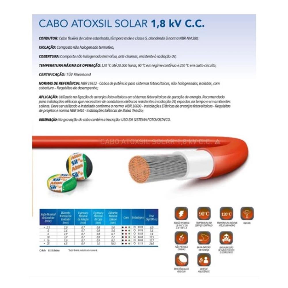 Cabo para Energia Solar Atoxsil Solar 1,8Kv C.C 4Mm 100 Metros Vermelho