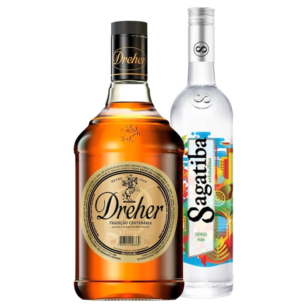 Kit - Conhaque Dreher 900ml - 2 Embalagens com 12 Unidades + Cachaça Sagatiba Pura 700ml - 3 Unidades