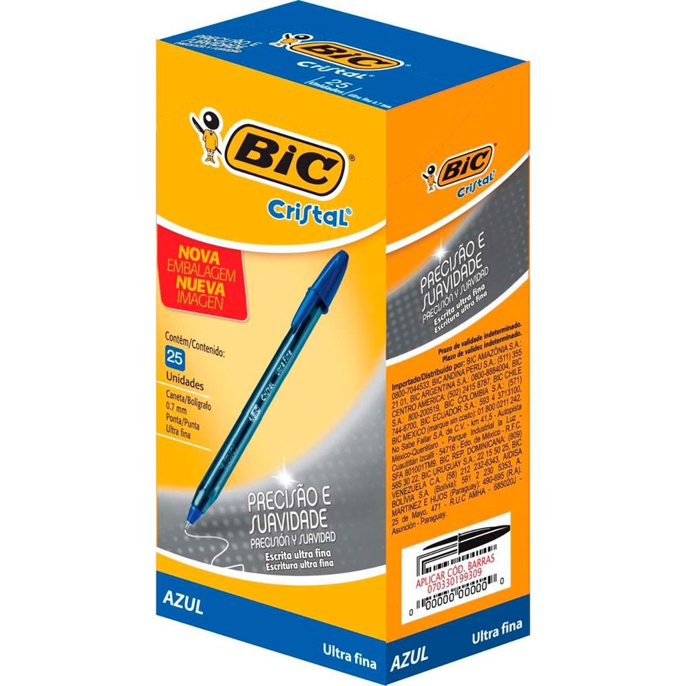 Caneta Bic Cristal 0.7Mm Ultra Fina Azul C/25