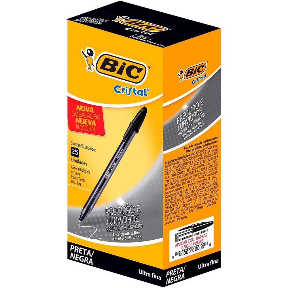 Caneta Bic Cristal 0.7Mm Ultra Fina Preta C/25