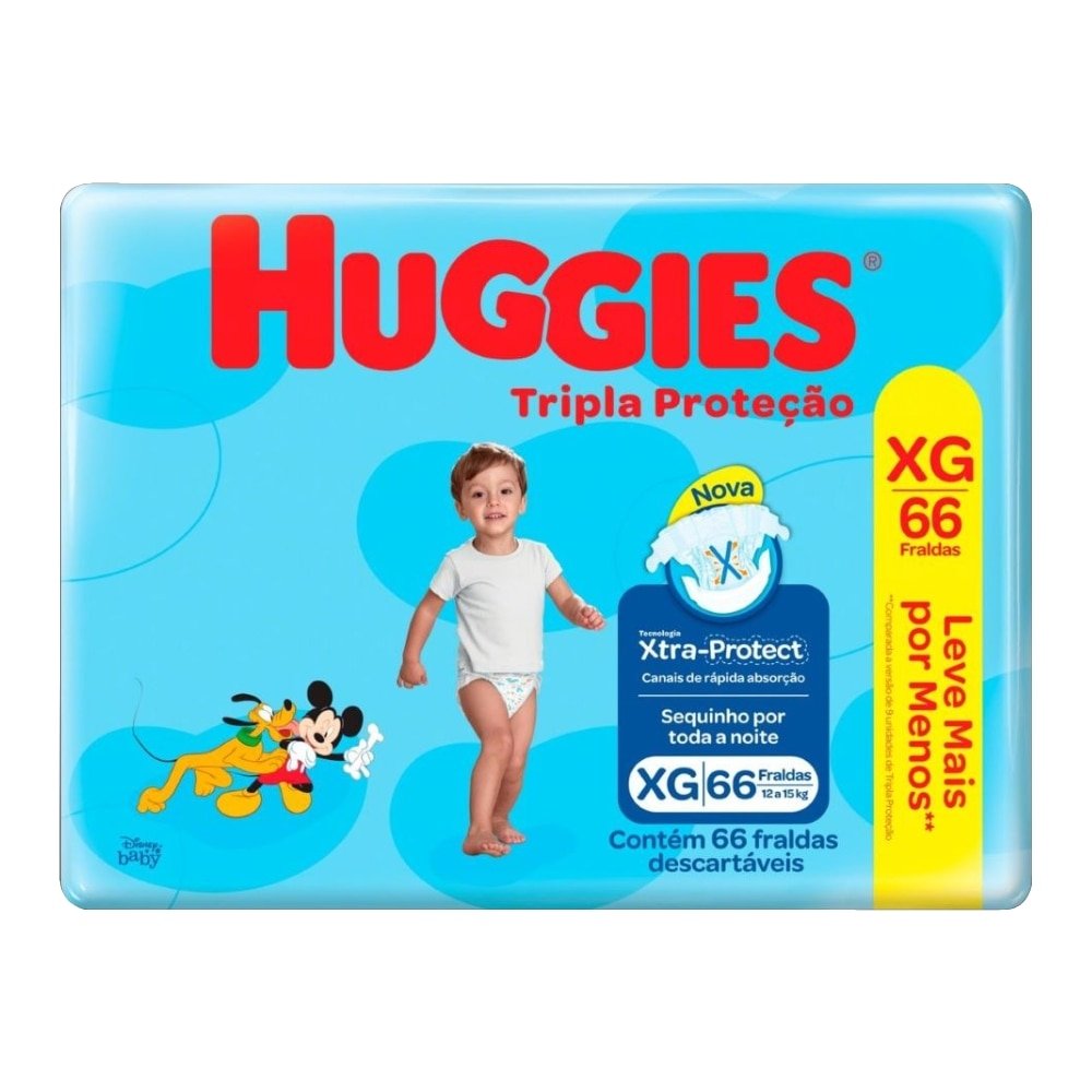 Fralda Descartável Huggies Hiper Tripla Proteção Tamanho XG - 3 Pacotes com 66 Fraldas - Total 198 Tiras