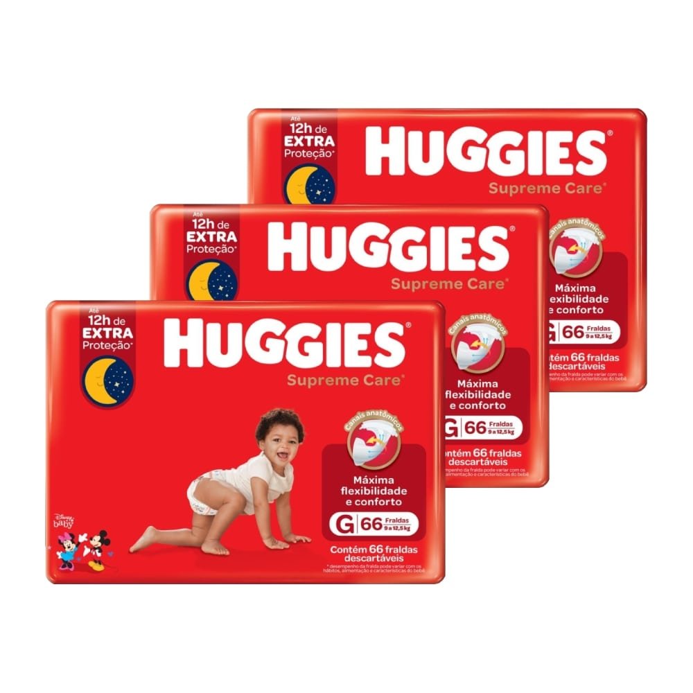 Fralda Descartável Huggies Hiper Supreme Care Tamanho G - 3 Pacotes com 66 Fraldas - Total 198 Tiras