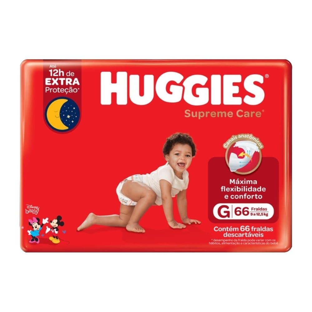 Fralda Descartável Huggies Hiper Supreme Care Tamanho G - 3 Pacotes com 66 Fraldas - Total 198 Tiras