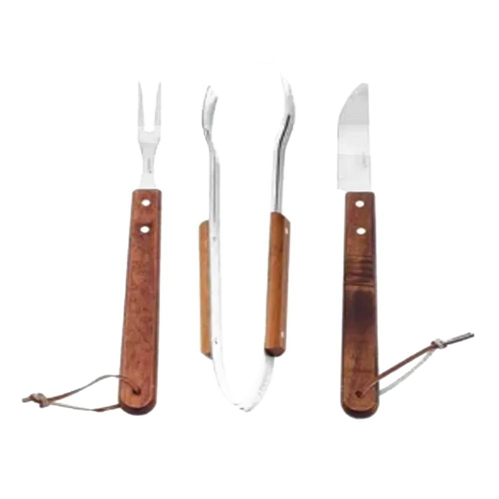 Jogo De 3 Pecas Garfo Pegador E Faca Para Churrasco Holzw Wellmix Wx4137