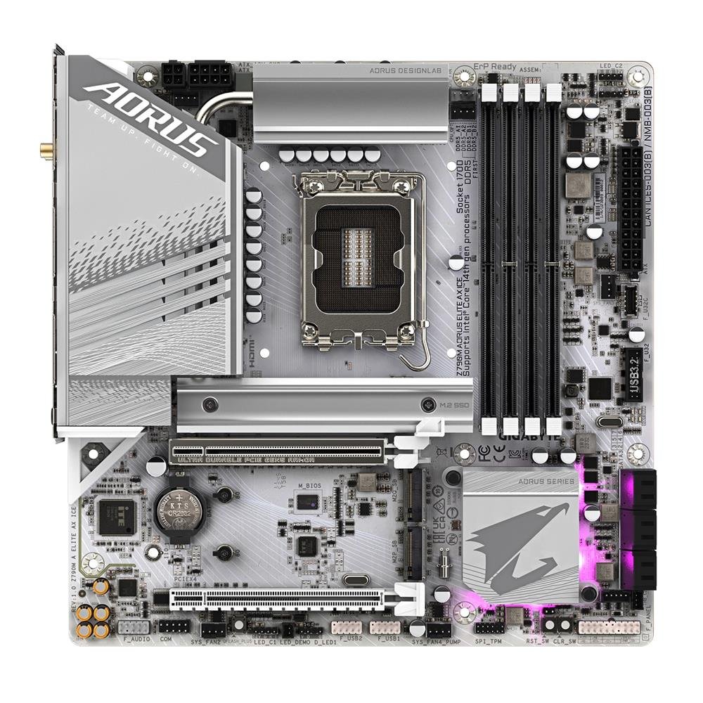 Placa Mãe Gigabyte Z790M Aorus Elite AX Ice, Wi-Fi 6E, Chipset Z790, Intel LGA1700, mATX, DDR5