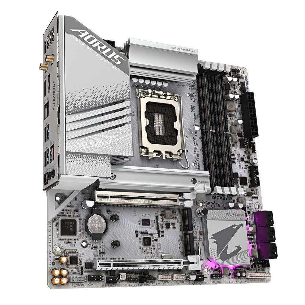 Placa Mãe Gigabyte Z790M Aorus Elite AX Ice, Wi-Fi 6E, Chipset Z790, Intel LGA1700, mATX, DDR5