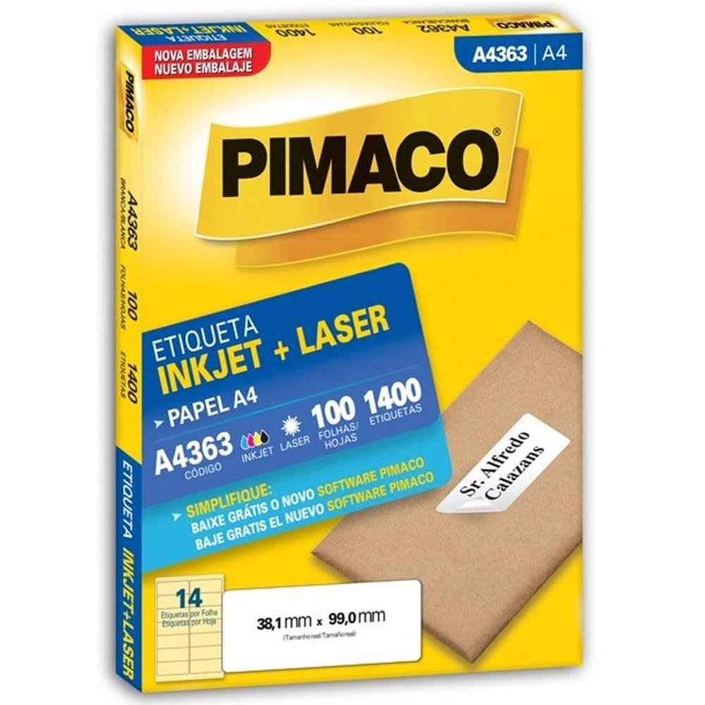 Etiqueta A4 Inkjet+Laser Pimaco C/100 Folha C/1400 Etiqueta 38,1X99,0Mm Ref A4363