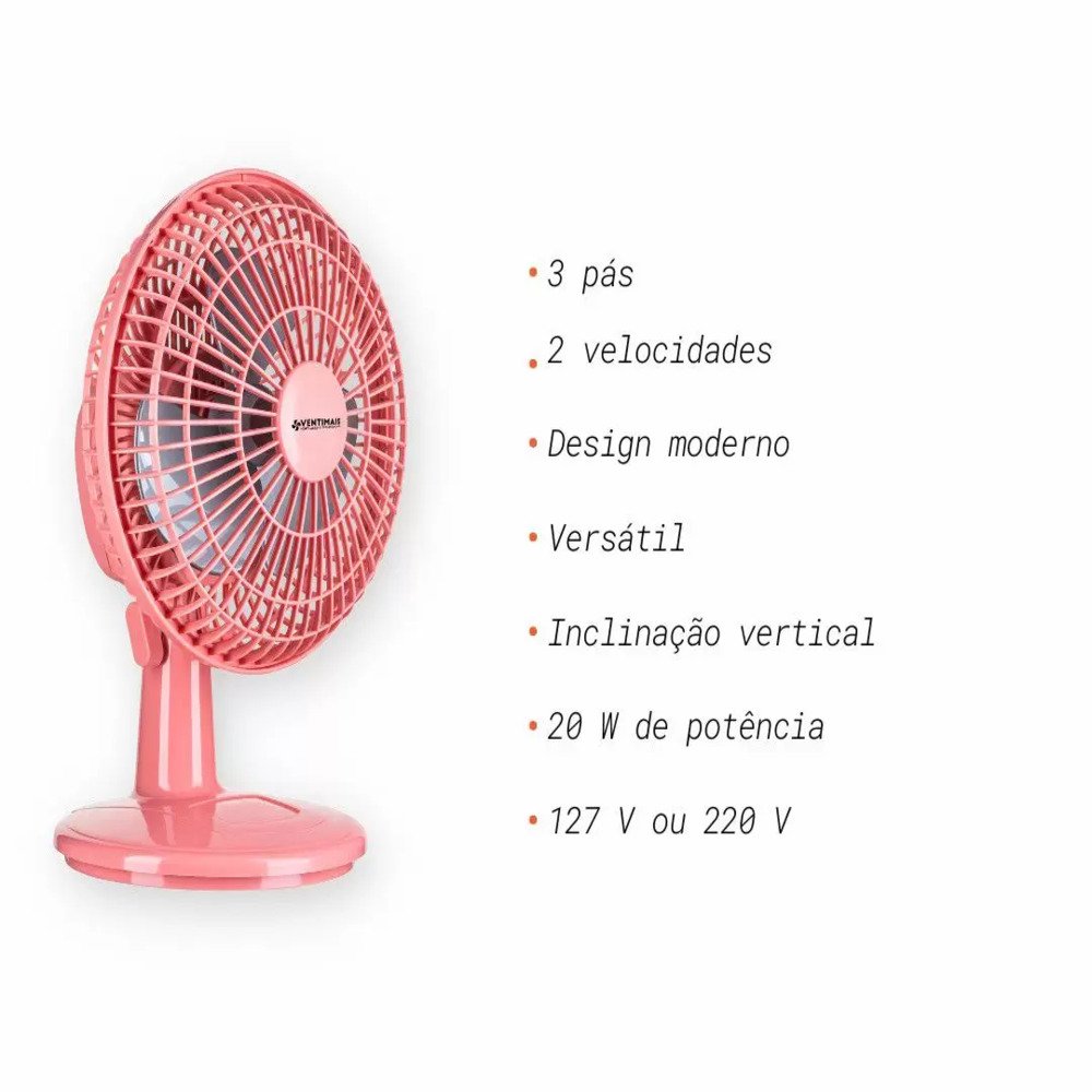 Ventilador Mini 20cm Ventimais Turbo Rosa e Prata 220V