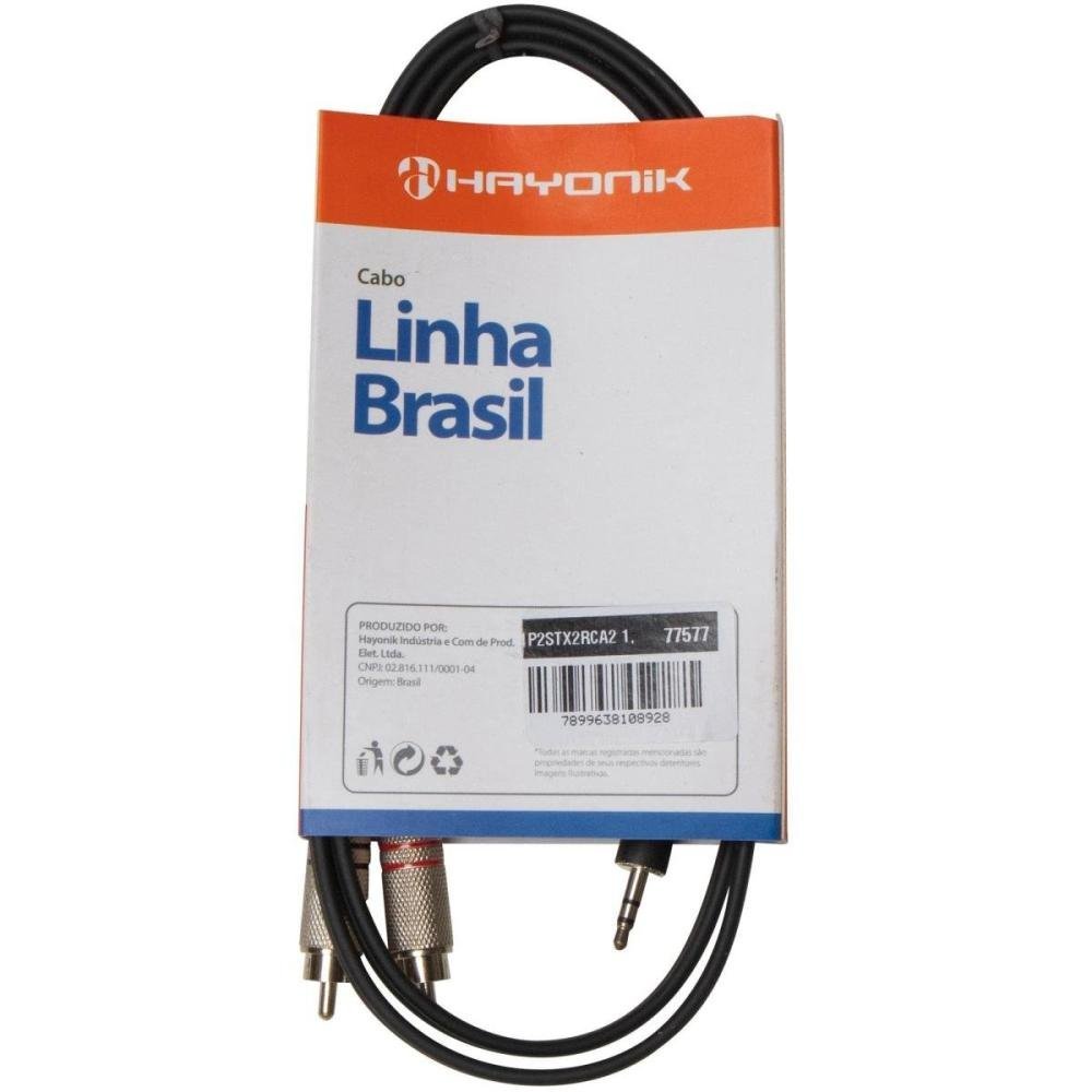 Cabo de Áudio Linha Brasil P2 Estereo X 2 RCA 1,2m Preto HAYONIK Un.Venda: PC/1