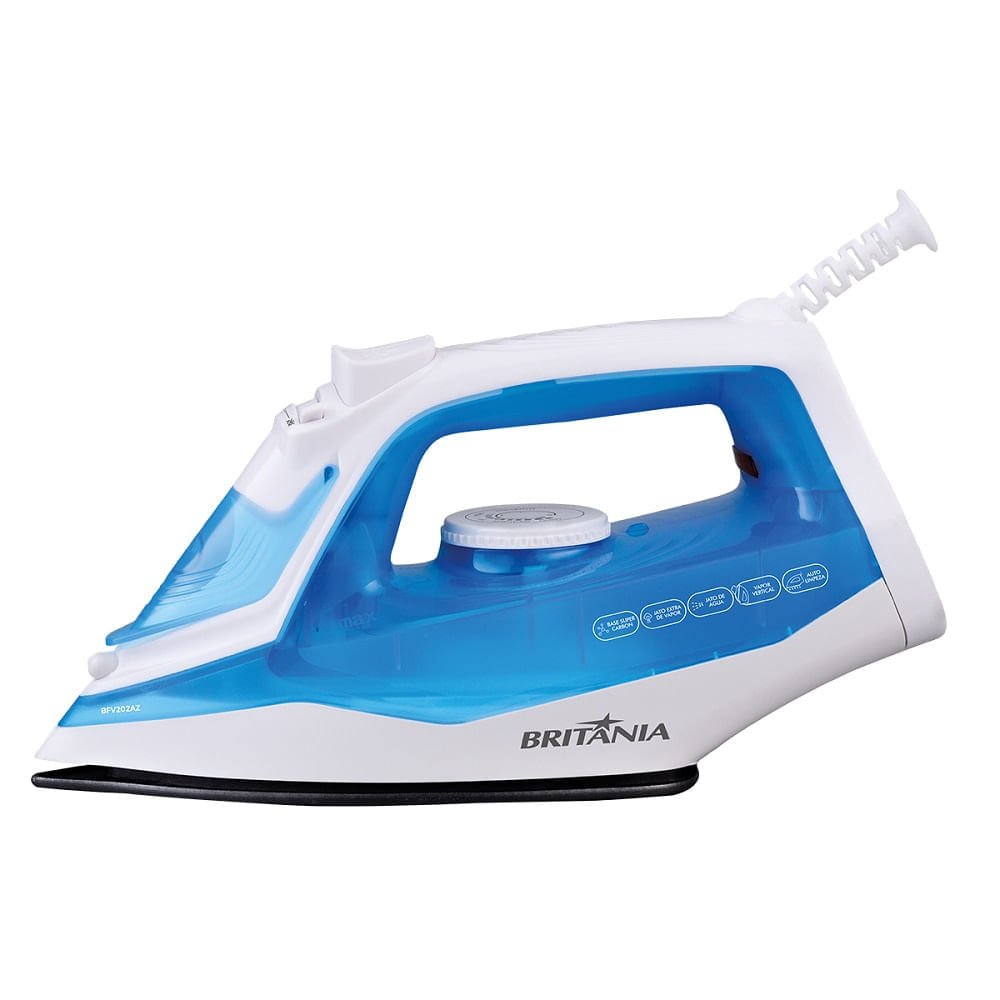 Ferro a Vapor Britânia Base Antiaderente Branco e Azul BFV202AZ ¿ 127 Volts Ferro a Vapor Britânia Base Antiaderente Branco e Azul BFV202AZ