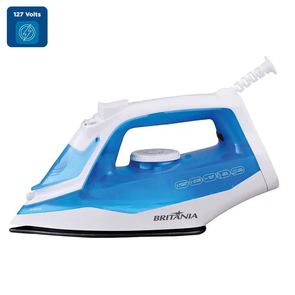 Ferro a Vapor Britânia Base Antiaderente Branco e Azul BFV202AZ ¿ 127 Volts Ferro a Vapor Britânia Base Antiaderente Branco e Azul BFV202AZ